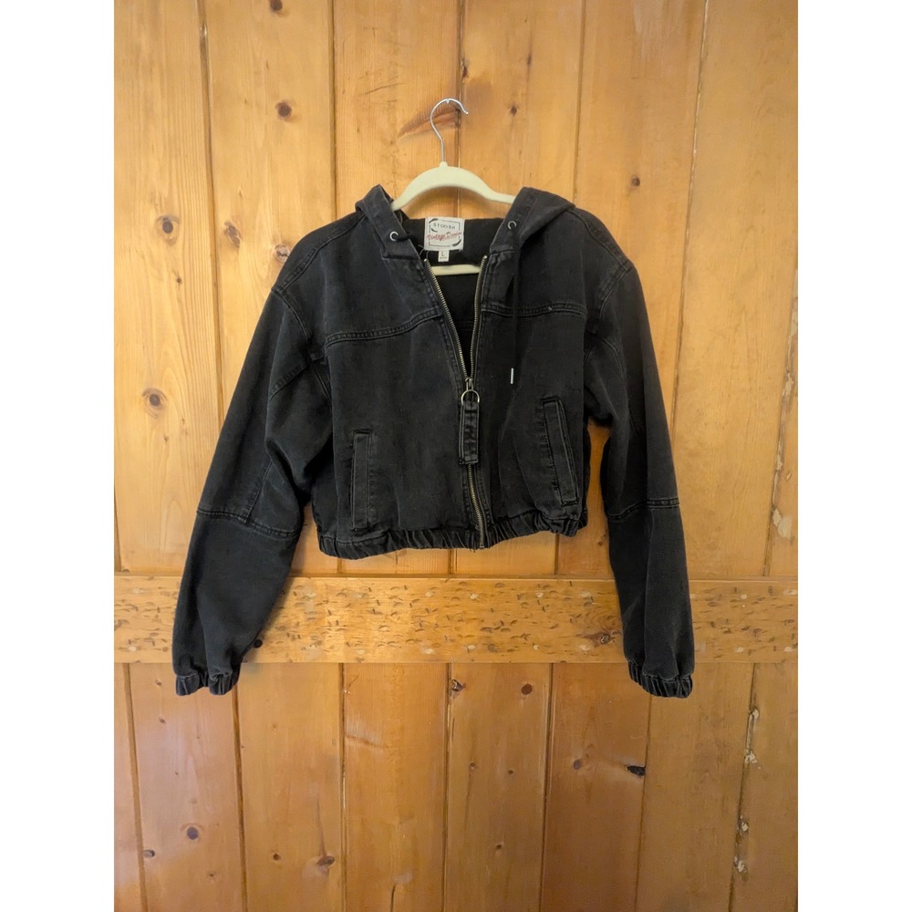 Stoosh Vintage Denim Womens Cropped Zip Up Hoodie Washed Black Jacket Large